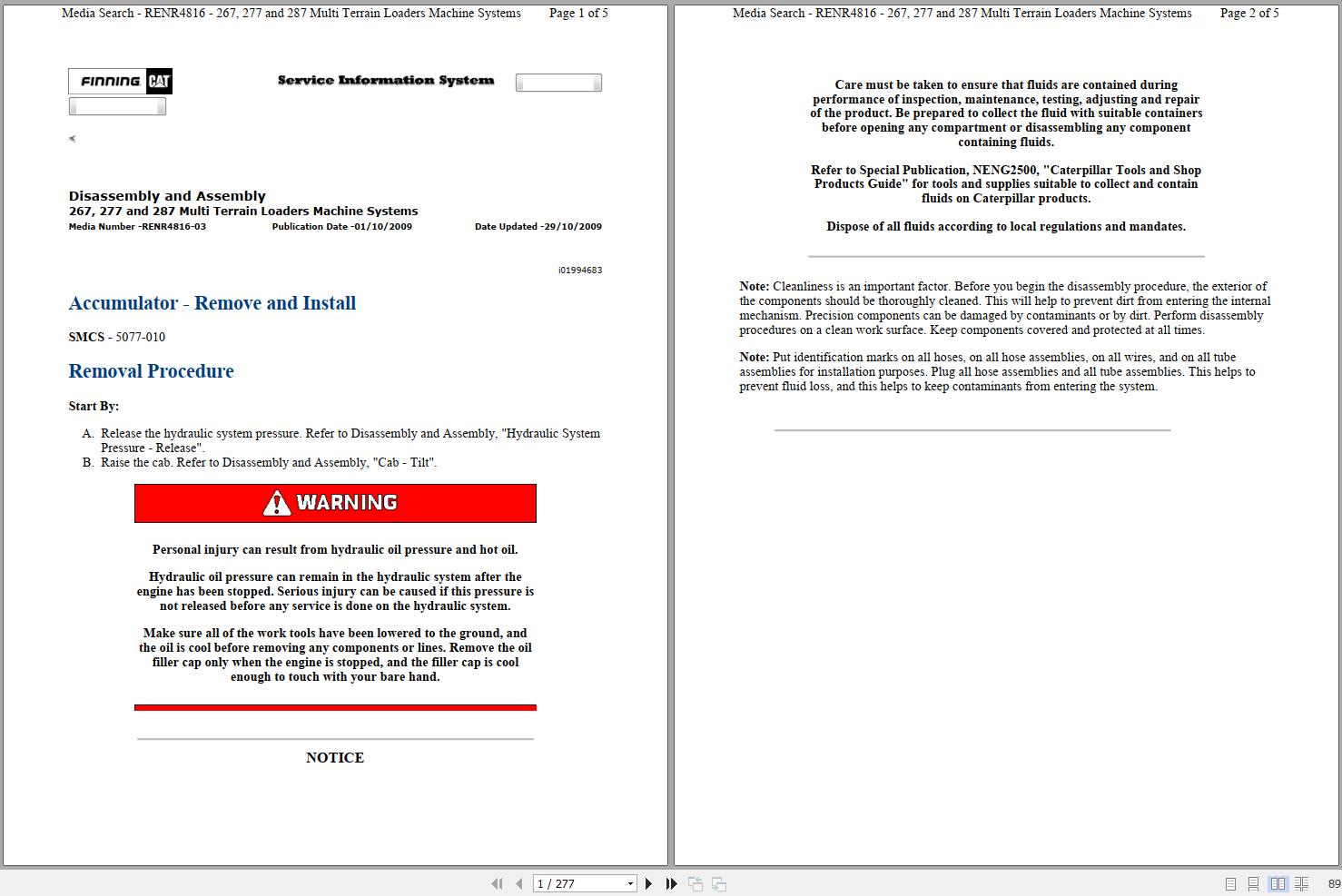 Caterpillar Multi Terrain Loader 277 CNC Operators Service Manual Schematics 1