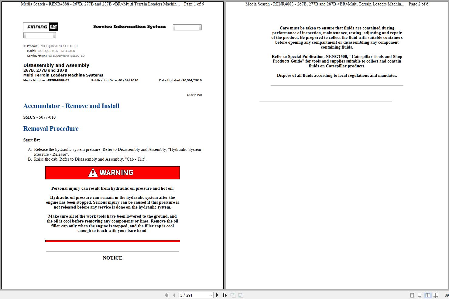 Caterpillar Multi Terrain Loader 287B MSH Operators Service Manual Schematics 1