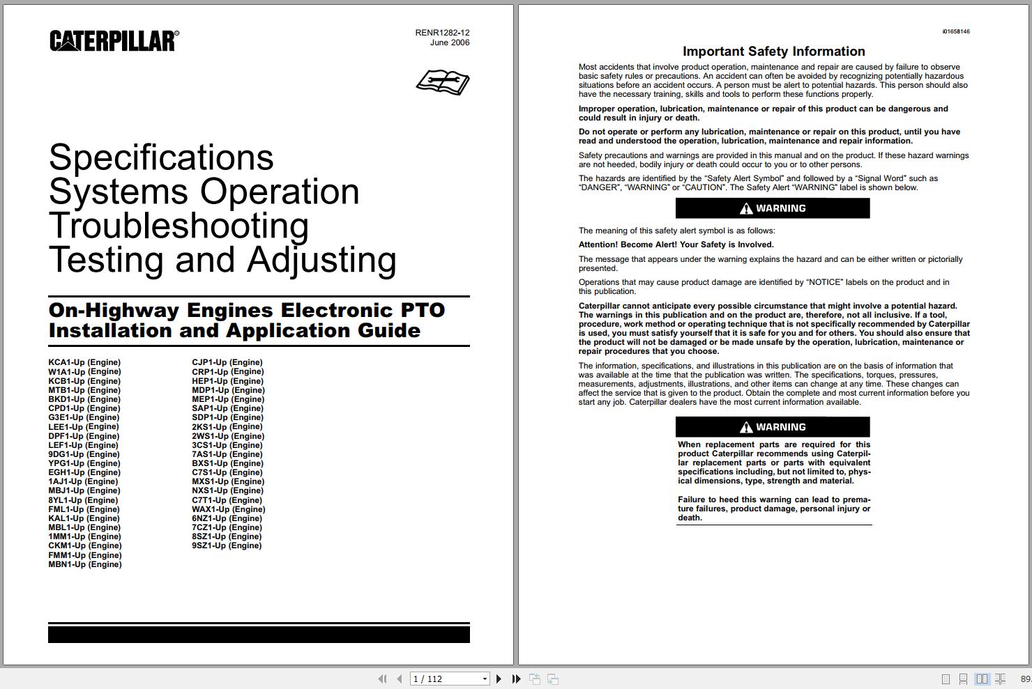 Caterpillar On Highway Engines Electronic PTO Operators Service Manual RENR1282 12 1
