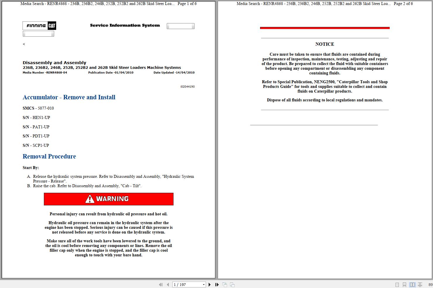 Caterpillar Skid Steer Loader 236B HEN Operators Service Manual Schematics 1