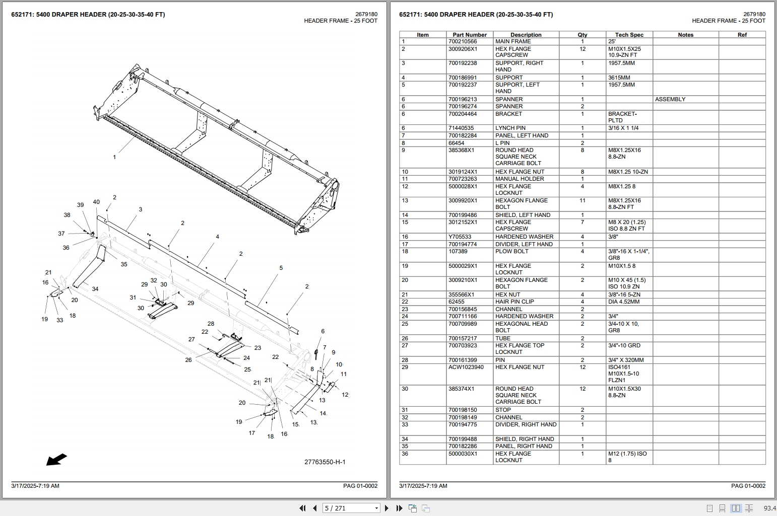 Challenger 5400 Draper Header 20 25 30 35 40 Foot Spare Parts Catalog 1