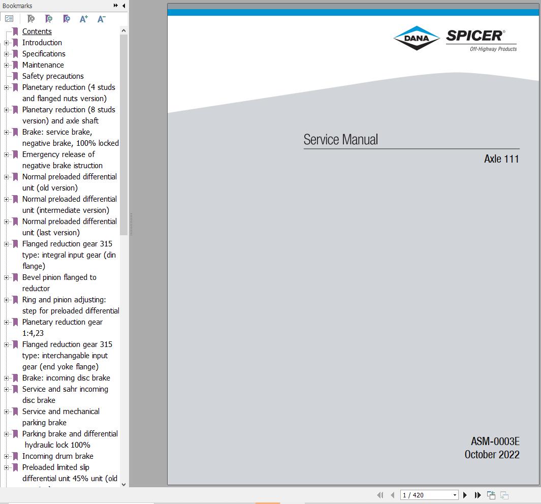 Dana Axle 111 Service Manual ASM 0003E 1