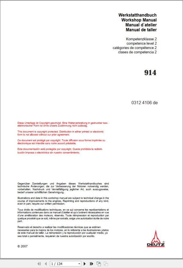 Deutz Engine 914 Workshop Manual 03124106de DE 1