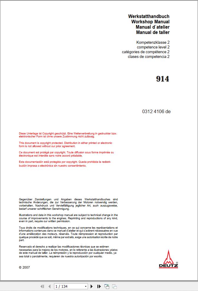 Deutz Engine 914 Workshop Manual 03124106de DE 1