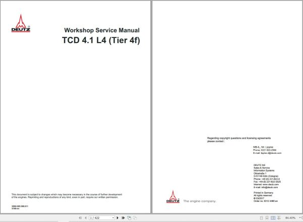 Deutz Engine TCD 4.1 L4 Workshop Service Manual X990.005.086.011