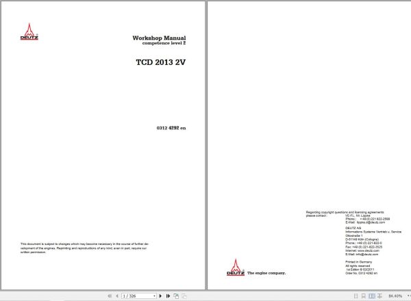 Deutz Engine TCD2013 2V Workshop Manual 03124292en 1