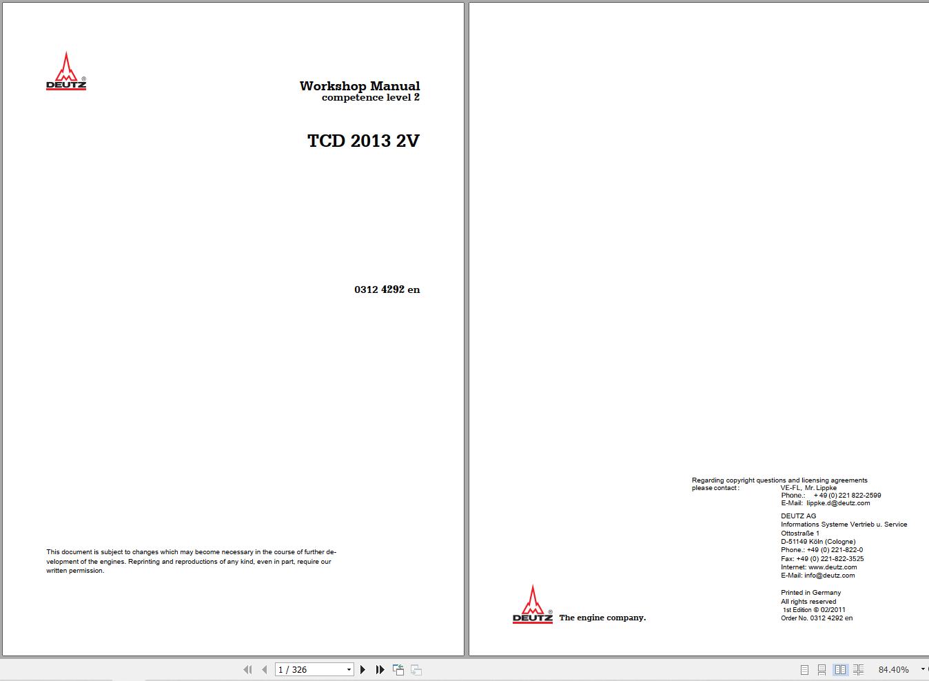 Deutz Engine TCD2013 2V Workshop Manual 03124292en 1