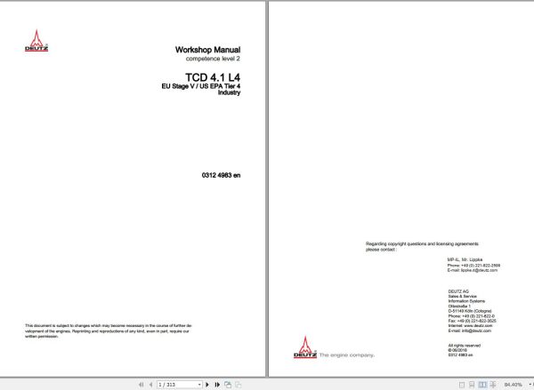 Deutz Engine TCD4.1L4 Workshop Manual 03124983en 1