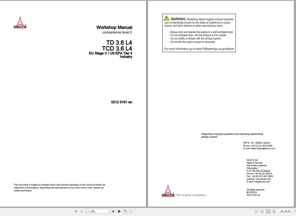 Deutz Engine TD3.6L4 TCD3.6L4 Workshop Manual 03125191en 1