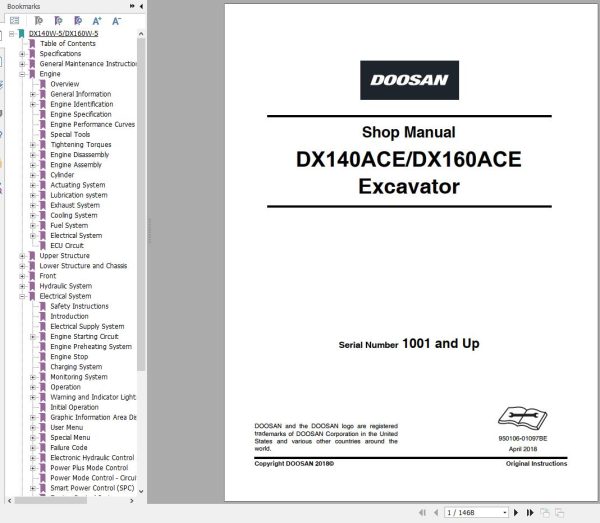 Doosan Excavator DX140ACE DX160ACE Shop Manual Schematics 950106 01097BE 1