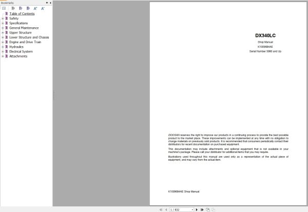 Doosan Excavator DX340LC Shop Manual K1009684AE 1
