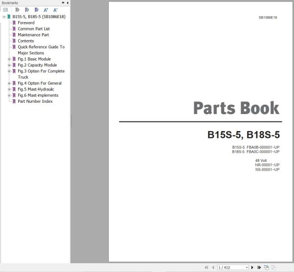 Doosan Forklift B15S 5 B18S 5 Parts Catalog SB1086E18