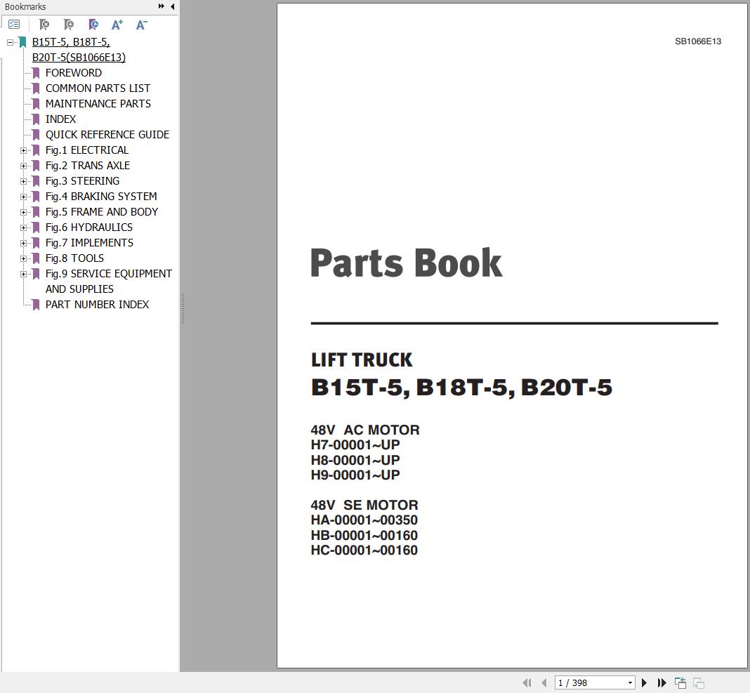 Doosan Forklift B15T 5 B18T 5 B20T 5 Parts Catalog SB1066E13