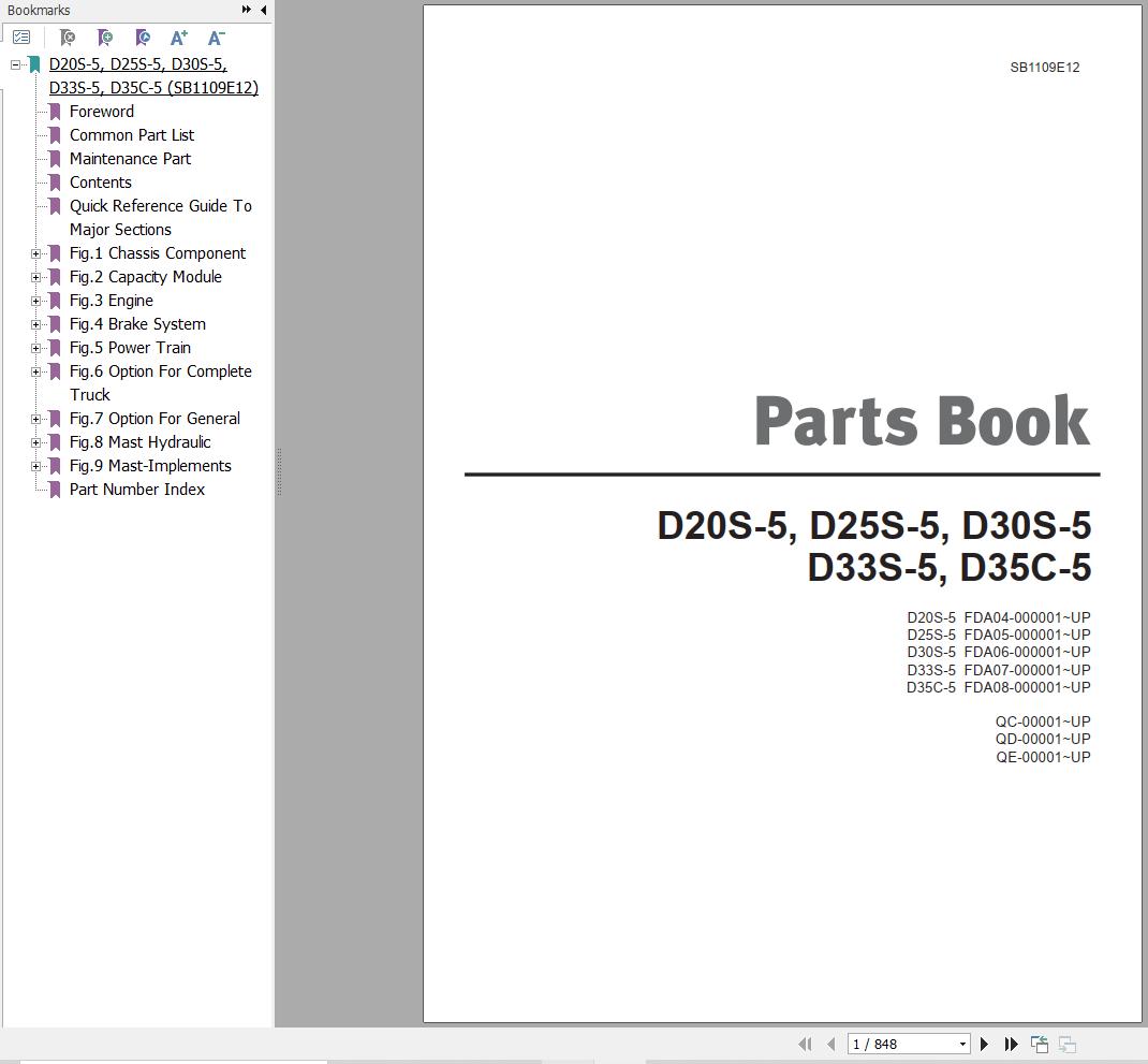 Doosan Forklift D20S 5 to D35C 5 Parts Catalog SB1109E12