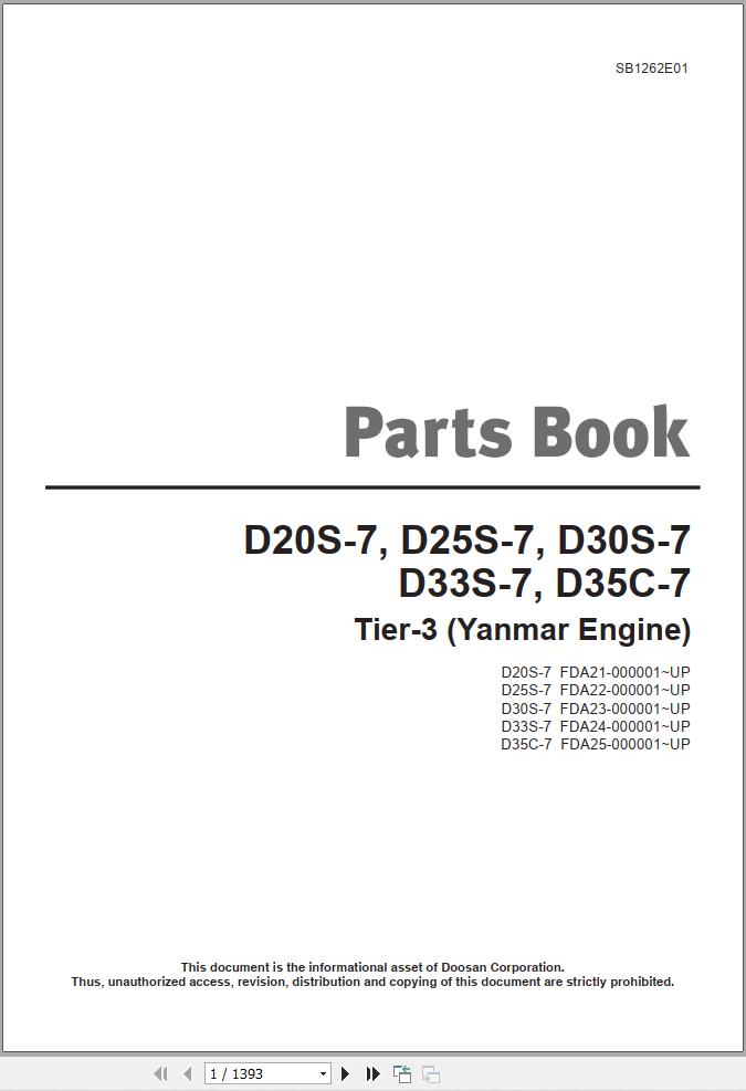 Doosan Forklift D20S 7 to D35C 7 Yanmar Tier 3 Parts Catalog
