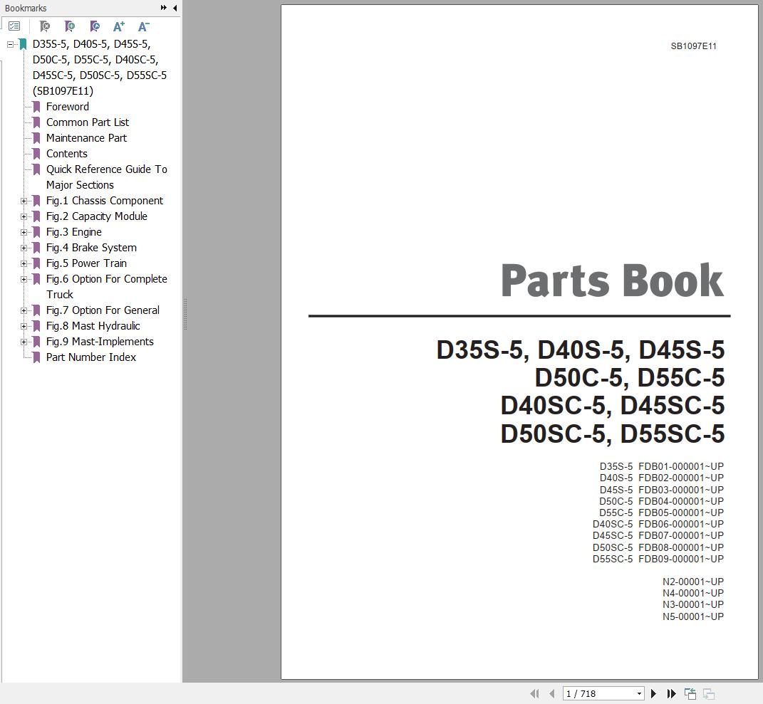 Doosan Forklift D35S 5 to D55SC 5 Parts Catalog SB1097E11