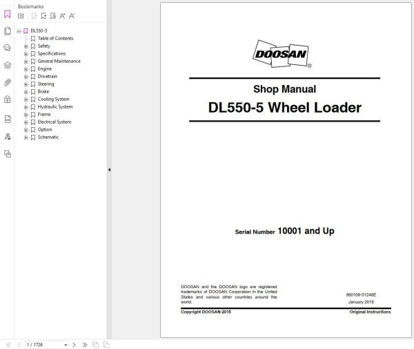 Doosan Wheel Loader DL550 5 Shop Manual 950106 01246E 2015 1