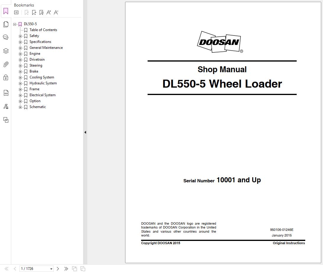 Doosan Wheel Loader DL550 5 Shop Manual 950106 01246E 2015 1
