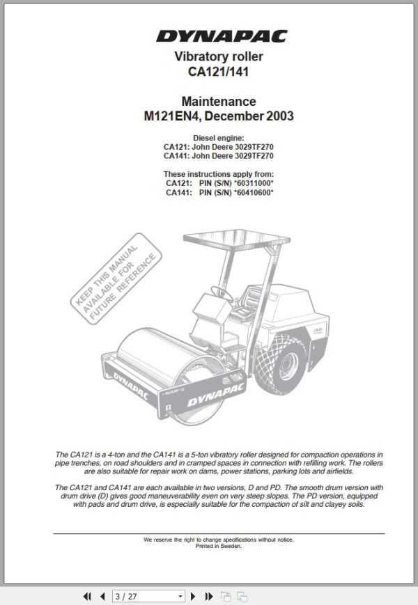 Dynapac Vibratory Roller CA121 CA141 Maintenance Manual M121EN4 1