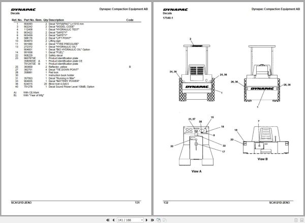 Dynapac Vibratory Roller CA121D CA121PD Spare Parts Catalog SCA121D 2EN3 3