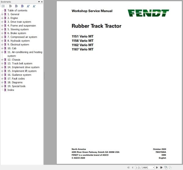 Fendt Tractor 1151 to 1167 Vario MT Workshop Service Manual 79037580A