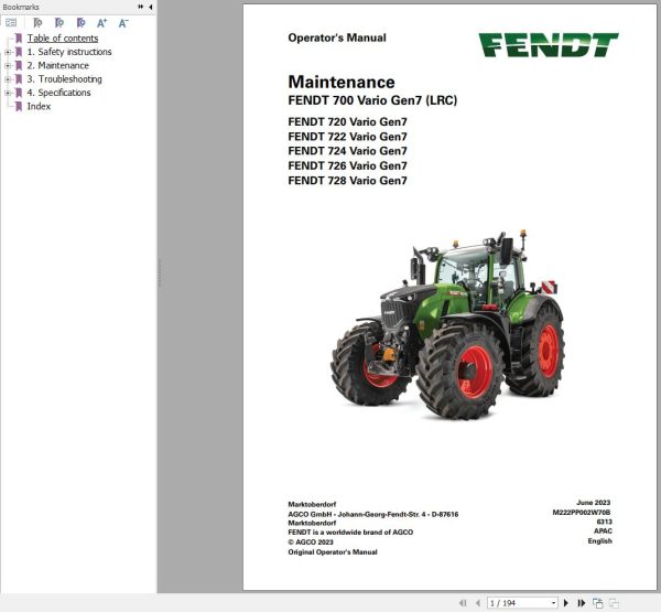Fendt Tractor 700 Vario Gen7 LRC Maintenance Manual M222PP002W70