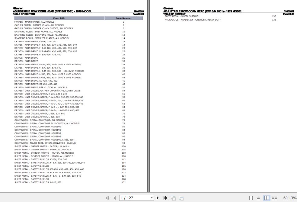 Gleaner Adjustable Row Corn Head 1979 Parts Catalog 79005559 1