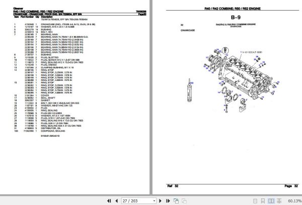 Gleaner Combine R40 R42 Engine R50 R52 Parts Catalog 79009298
