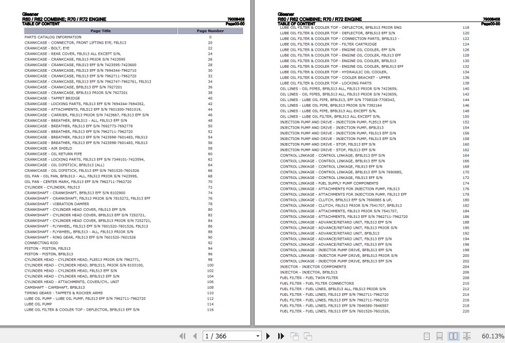 Gleaner Combine R60 R62 Engine R70 R72 Parts Catalog 79008408 1