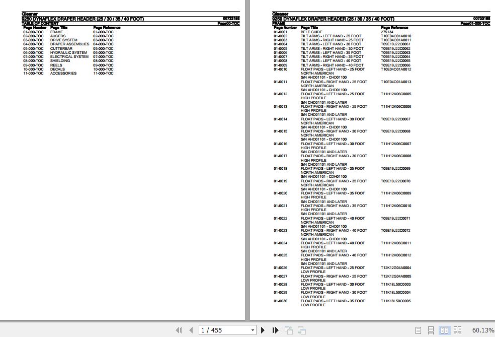 Gleaner Dynaflex Draper Header 9250 Parts Catalog 00733198 1