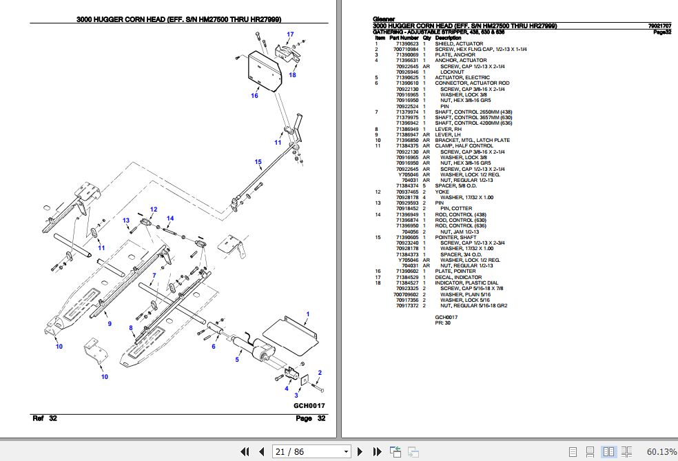Gleaner Hugger Corn Head 3000 Parts Catalog 79021707