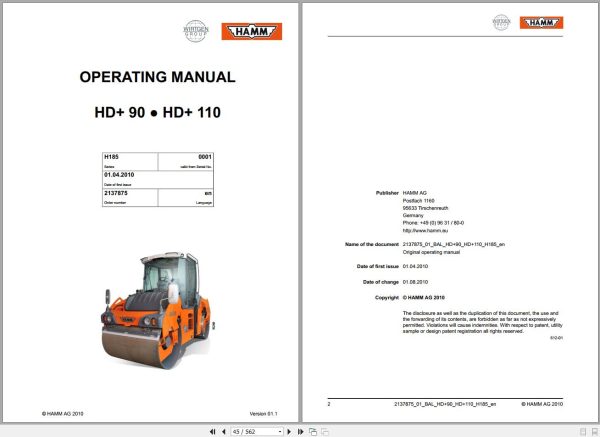 Hamm Roller HD 90 110 H185 Service Operators Manual and Diagrams 2