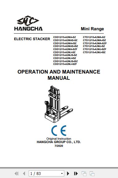 Hangcha Forklift CDD12 A2MA SZ to CTD15 A2MJ ISZ Operation Maintenance Manual 2020 1