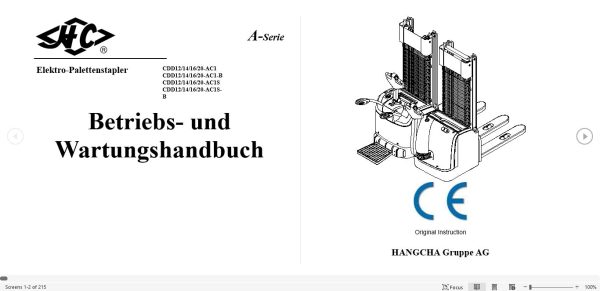 Hangcha Forklift CDD12 AC1 to CDD20 AC1S B Operation Maintenance Manual 2015 DE 1