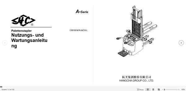 Hangcha Forklift CDD12 AZ3S L to CDD16 AZ3S L Operation Maintenance Manual 2017 DE 1