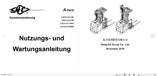 Hangcha Forklift CJD10 AC1 M1 to CJD10 AC2 M2K Operation Maintenance Manual 2018 DE 1
