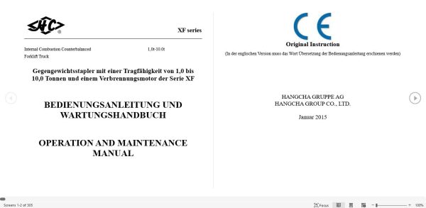 Hangcha Forklift CPCD10 XW10F to CPCD100 XW48 Operation Maintenance Manual 2015 DE 1