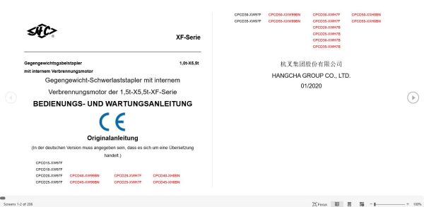 Hangcha Forklift CPCD15 XW97F to CPCD55 XXH8BN Operation Maintenance Manual 2020 DE 1