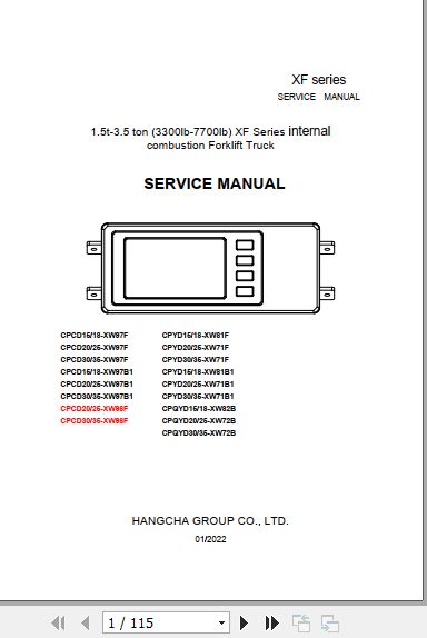 Hangcha Forklift CPCD15 XW97F to CPQYD35 XW72B Service Manual 2022 1