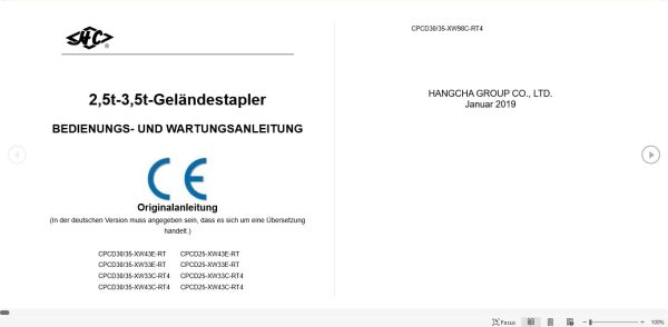 Hangcha Forklift CPCD30 XW43E RT to CPCD25 XW43C RT4 Operation Maintenance Manual 2019 DE 1