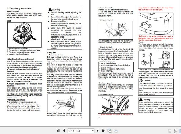 Hangcha Forklift CPCD30 XW43E RT to CPCD25 XW98E RT2 Operation Maintenance Manual 2019 2