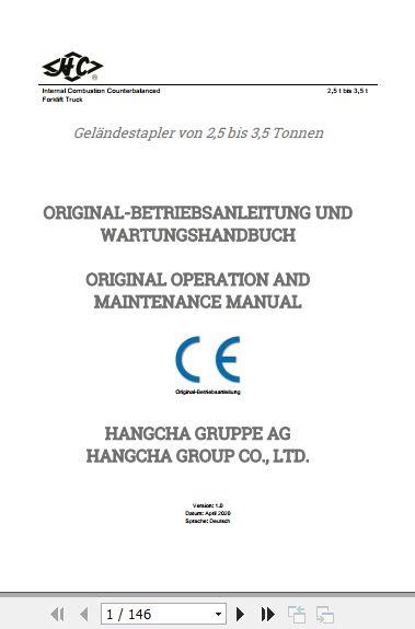 Hangcha Forklift CPCD30 XW43E RT to CPCD35 XW98C RT4 Operation Maintenance Manual 2020 DE 1