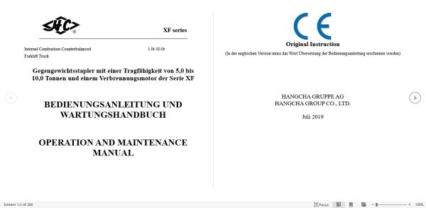 Hangcha Forklift CPCD50 XW38 to CPCD120 XXW48 Operation Maintenance Manual 2019 DE 1