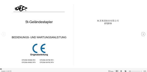 Hangcha Forklift CPCD50 XW65E RT2 to CPCD50 XW70C RT4 Operation Maintenance Manual 2019 DE 1