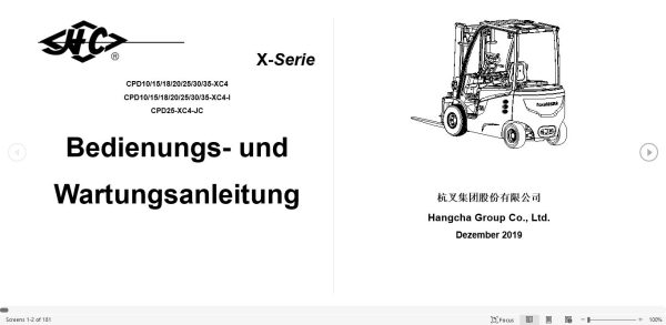 Hangcha Forklift CPD10 XC4 to CPD25 XC4 JC Operation Maintenance Manual 2019 DE 1