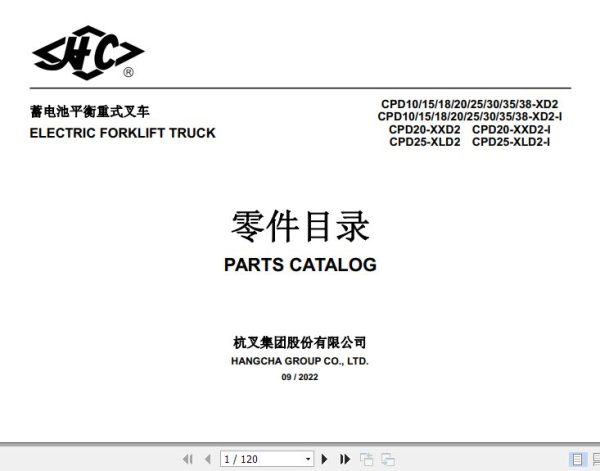 Hangcha Forklift CPD10 XD2 to CPD25 XLD2 I Parts Catalog 2022 1