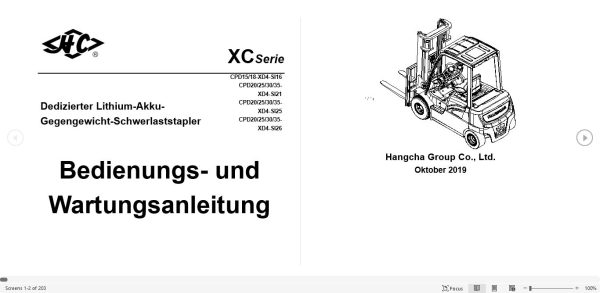 Hangcha Forklift CPD15 XD4 SI16 to CPD35 XD4 SI26 Operation Maintenance Manual 2019 DE 1
