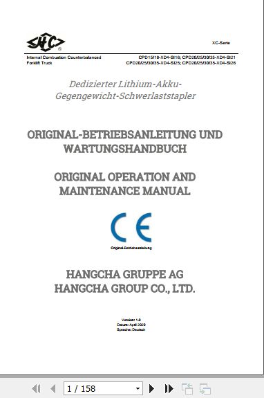 Hangcha Forklift CPD15 XD4 SI16 to CPD35 XD4 SI26 Operation Maintenance Manual 2020 DE 1