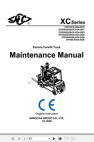 Hangcha Forklift CPD15 XD4 SI16 to CPD50 XXD4 SI28 Maintenance Manual 2020 1