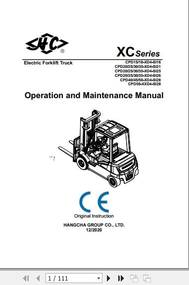 Hangcha Forklift CPD15 XD4 SI16 to CPD50 XXD4 SI28 Operation Maintenance Manual 2020 1